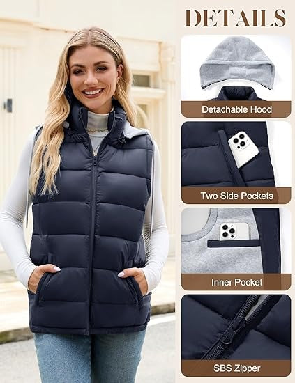 Women’s Quilted Puffer Vest with Detachable Hood