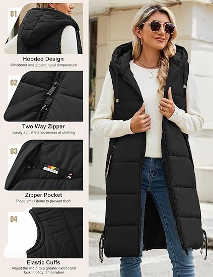 Women’s Long Puffer Vest with Hood
